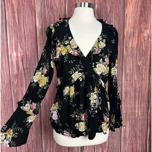 American Eagle Black Floral Ruffle Long Sleeve Top Medium Romantic Bloomscore